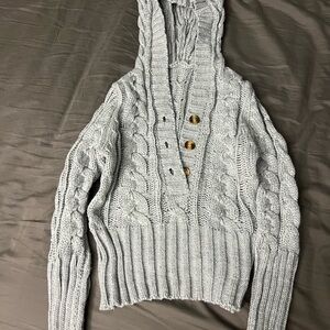 Cozy Gray Cable Knit Hooded Sweater